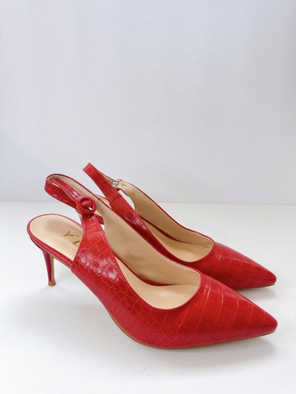 Size 8.5 Red Croc Embossed Slingback Heels Pointed Toe Elegant Pumps YDN - Picture 4 of 13